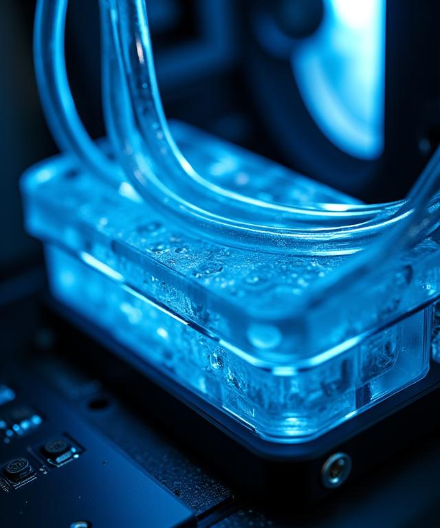 A close-up shot of a custom hardline liquid cooling loop inside a gaming PC.
